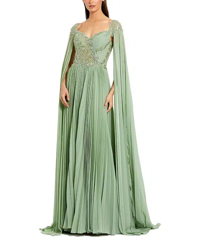 Mac Duggal Cape Sleeve Pleated Charmeuse Beaded Gown In Green