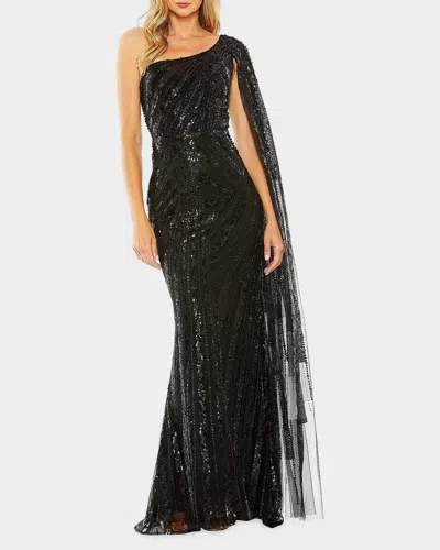 Mac Duggal One Shoulder Cape Sleeve Embellished Gown In Black