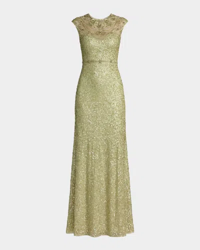 Mac Duggal Cap-sleeve Beaded Mesh Column Gown In Green