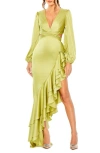Mac Duggal Cut Out Asymmetrical Ruffle Gown In Pistachio