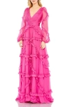 Mac Duggal Cascade Ruffle Long Sleeve A-line Gown In Pink