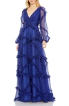 Mac Duggal Cascaded Ruffle Puff Sleeve A Line Gown In Sapphire