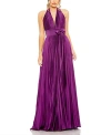 Mac Duggal Pleated Halter Neck Satin Gown In Plum