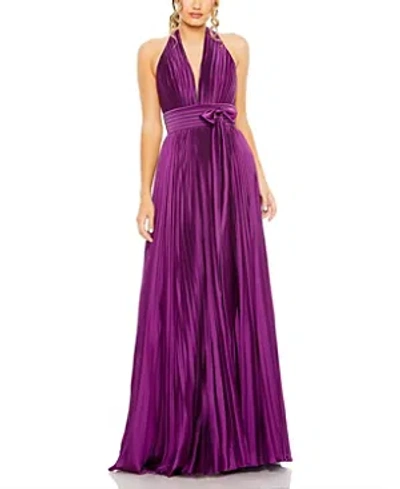 MAC DUGGAL CENTER BOW PLEATED HALTER NECK GOWN
