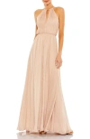Mac Duggal Chain Trim Keyhole Halter Neck A Line Gown In Beige