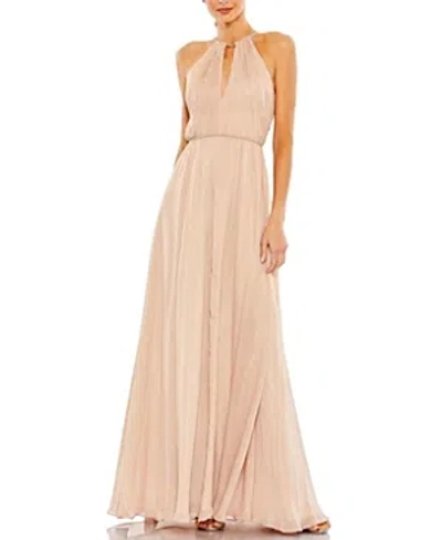 Mac Duggal Chain Trim Keyhole Halter Neck A Line Gown In Nude