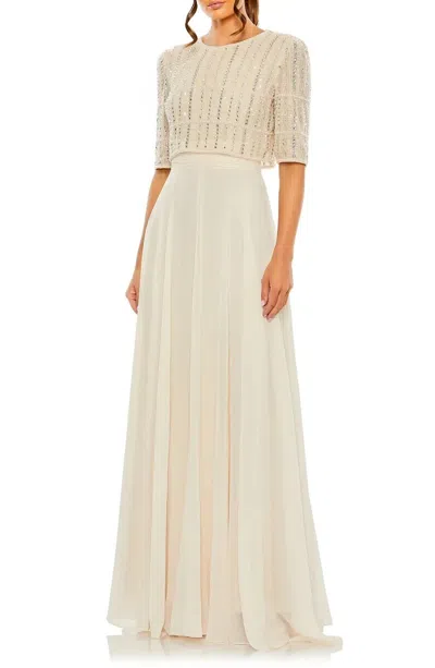 Pre-owned Mac Duggal Champagne Beige Beaded Bodice Chiffon A-line Gown 8 $598