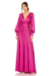 Mac Duggal Charmeuse Bishop Sleeve V Neck Gown