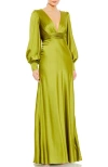 Mac Duggal Charmeuse Bishop Sleeve V Neck Gown In Apple Green