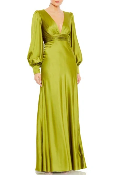 Mac Duggal Charmeuse Bishop Sleeve V Neck Gown In Apple Green