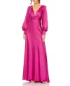 Mac Duggal Charmeuse Bishop Sleeve V Neck Gown In Magenta