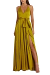 Mac Duggal Charmeuse Halter Strap Soft Tie Waist Gown In Chartreuse