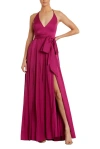 Mac Duggal Charmeuse Halter Strap Soft Tie Waist Gown In Magenta