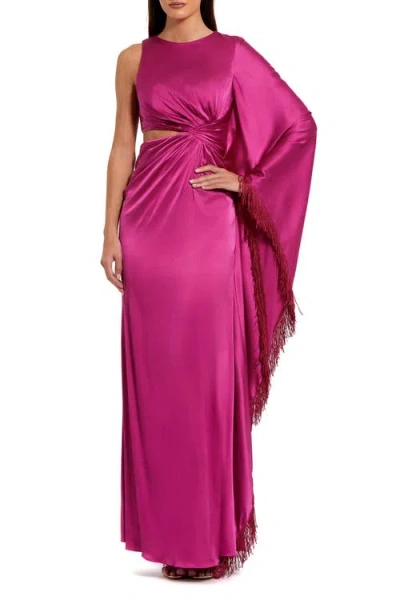 Mac Duggal Charmeuse Kaftan Sleeve Assymetrical Fringe Gown In Pink