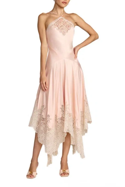 Mac Duggal Charmeuse Lace Detail Asymmetrical Hem Midi Dress In Pink