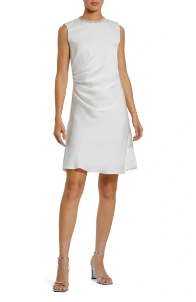 Mac Duggal Charmeuse Mini Dress With Rhinestone High Neckline & Cinched Waist In White