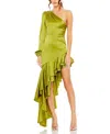 Mac Duggal One-shoulder Ruffle Charmeuse Long Sleeve Cocktail Dress In Apple Green