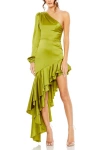 Mac Duggal One-shoulder Ruffle Charmeuse Long Sleeve Cocktail Dress In Green