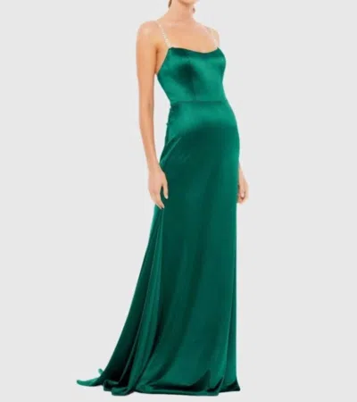 Mac Duggal Charmeuse Rhinestone Strap Trumpet Gown In Emerald In Green