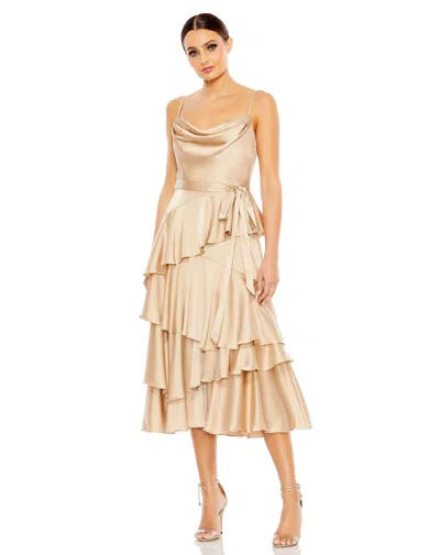 Mac Duggal Charmeuse Ruffle Tiered Spaghetti Strap Dress In Nude
