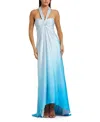 Mac Duggal Charmeuse Tie Halter Neck Ombre Gown In Blue