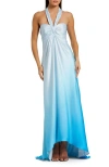Mac Duggal Charmeuse Tie Halter Neck Ombre Gown