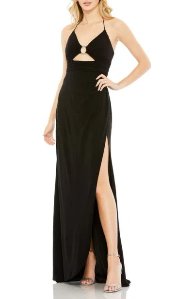 Mac Duggal Chic Halter Neck Jersey Gown With Side Slit And Open Back In Black