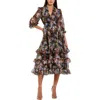 Mac Duggal Chiffon 3/4 Sleeve A Line Midi Dress With Ruffles In Gold