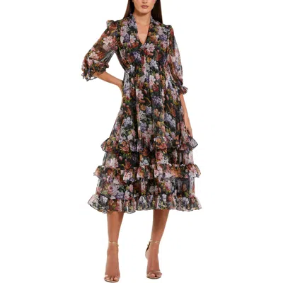 Mac Duggal Chiffon 3/4 Sleeve A Line Midi Dress With Ruffles In Gold