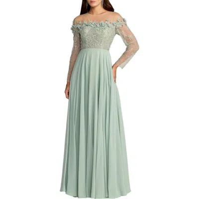 Mac Duggal Chiffon Beaded Long Sleeve Illusion Neck Gown In Green