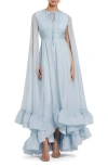 Mac Duggal Chiffon Cape Sleeve Midi Dress With Keyhole In Powder Blue