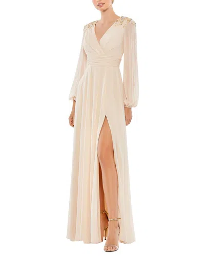Mac Duggal Chiffon Faux Wrap Beaded Shoulder Detail Gown In White