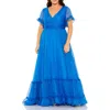 Mac Duggal Chiffon Faux Wrap Flutter Sleeve Tiered Gown In Ocean Blue