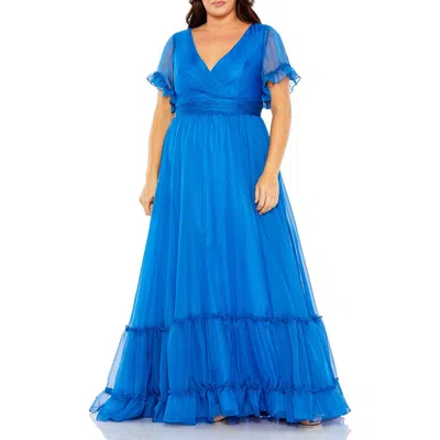 MAC DUGGAL MAC DUGGAL CHIFFON FAUX WRAP FLUTTER SLEEVE TIERED GOWN