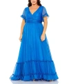 Mac Duggal Chiffon Faux Wrap Flutter Sleeve Tiered Gown In Ocean Blue