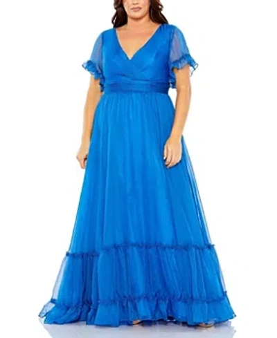 Mac Duggal Chiffon Faux Wrap Flutter Sleeve Tiered Gown In Ocean Blue