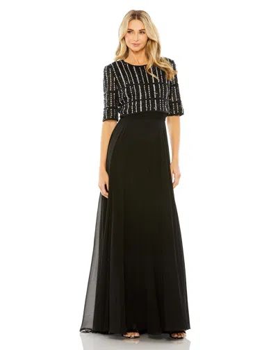 Mac Duggal Chiffon Gown W/ Fully Beaded 1/4 Sleeve Top In Black