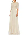 Mac Duggal Chiffon Gown With Fully Beaded 3/4 Sleeve Top In Nude