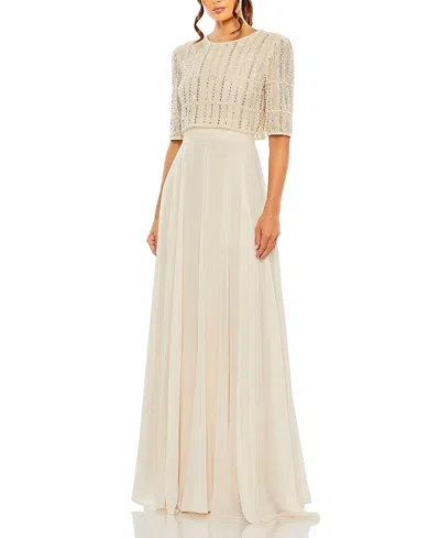 MAC DUGGAL BEADED 3/4 SLEEVE CHIFFON GOWN
