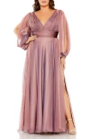 Mac Duggal Puff Sleeve W/ Embellished Cuff V Neck A Line Gown In Antique Rose