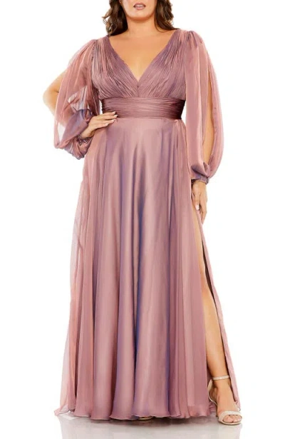 Mac Duggal Puff Sleeve W/ Embellished Cuff V Neck A Line Gown In Antique Rose