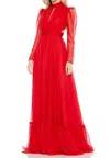 Mac Duggal Chiffon High Neckkeyhole Puff Sleeve Gown In Red In Red