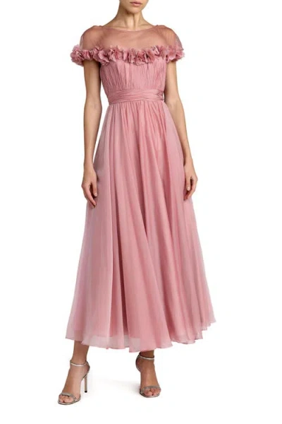 Mac Duggal Chiffon Illusion Neck Midi Dress With 3d Flowers In Pink