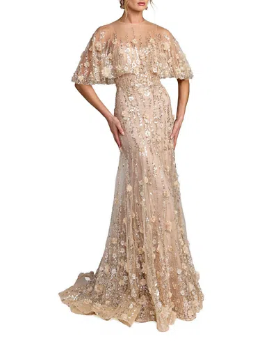 Mac Duggal Chiffon Lace Floral Caplet Sleeve Trumpet Gown In Neutral