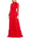 Mac Duggal Chiffon High Neckkeyhole Puff Sleeve Gown In Red