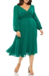 Mac Duggal 67914 Plus Size Chiffon Bishop Sleeve Surplice Midi Dress In Green