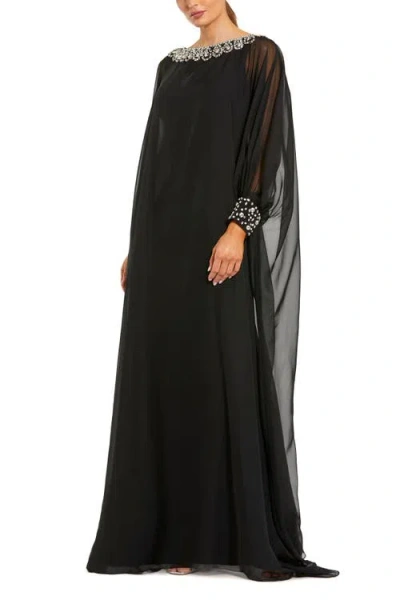Mac Duggal Chiffon Long Sleeve Kaftan Gown With Beaded Neck In Black