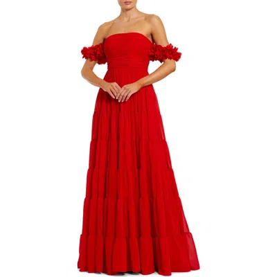 Mac Duggal Chiffon Off The Shoulder Floral Gown In Red