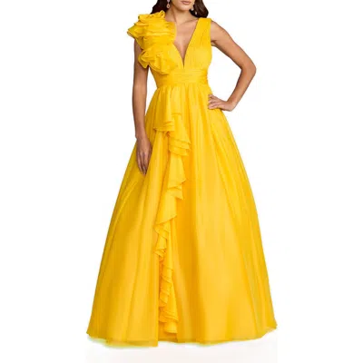 Mac Duggal Chiffon One Shoulder Ruffle Detail Ball Gown In Yellow