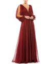 Mac Duggal V-neck A-line Chiffon Gown Beaded Cuffs In Garnet In Brown